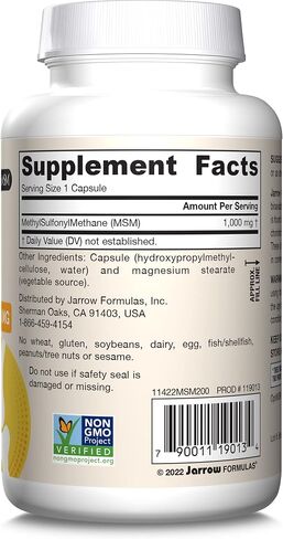 Jarrow Formulas MSM 1000 mg - 200 Veggie Capsules - Methylsulfonylmethane - Source of Sulfur - Dietary Supplement Supports & Strengthens Joints - Up to 200 Servings in Saudi Arabia