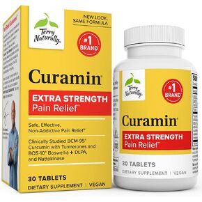 Terry Naturally Curamin Extra Strength - 90 Tablets - Non-Addictive Pain Relief with Curcumin from Turmeric, Boswellia & DLPA - Non-GMO, Vegan, Gluten Free - 30 Servings