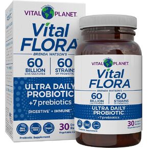 Vital Planet - Vital Flora Ultra Daily Probiotic 60 Billion Cultures and 60 Strains, Immune and Digestive Support Probiotics for Women and Men with Organic Prebiotics, 60 Capsules