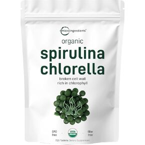 Organic Chlorella Spirulina Tablets, 3000mg Per Serving, 720 Counts, 4 Months Supply, 50/50 Blend Superfood, No Filler, No Additives, Cracked Cell Wall, Rich in Vegan Protein & Chlorophyll in Saudi Arabia