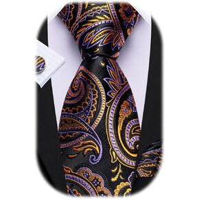 Barry.Wang Men Ties Paisley Woven Silk Necktie Set with Pocket Suqare Cufflinks Formal