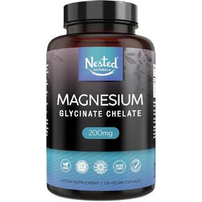 Nested Naturals – Magnesium Glycinate Chelate Supplement 200mg Per Serving High Absorption Vegan Capsules for Muscle Leg Cramps Stress Relief Bedtime Ease – 100% Chelated TRACCS Buffered Gluten-Free Non-GMO