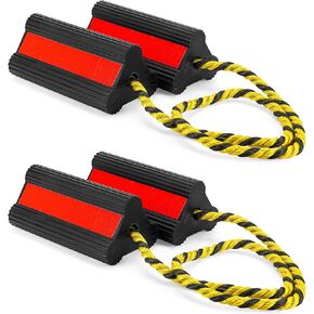 Datanly 2 Pair Heavy Duty Rubber Wheel Chock Blocks Front and Back, Dual Wheels Rubber Tire Chocks Non Slip Base with Nylon Rope Yellow Reflective Tape for RVs, Travel Trailers, Car, Truck