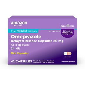 Amazon Basic Care Omeprazole Delayed Release Mini Capsules 20 mg, Acid Reducer, Treats Frequent Heartburn, 24HR, 42 Count
