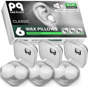 PQ Wax Ear Plugs for Sleep - 6 Silicone Wax Earplugs for Sleeping and Swimming - Gel Ear Plugs for Noise Cancelling, Ear Protection - Sleeping Earplugs with Sound Blocking 32 Db (6-Pillows). White