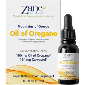 Zane Hellas 190 mg Oregano Oil-164 mg Carvacrol per Serving-4 Drops Daily. 100% Greek Undiluted Oil of Oregano. 86%-90% Min Carvacrol. Probably The Best Oregano Oil in The World. 1 fl. oz.- 30ml