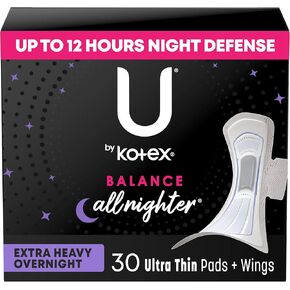 U by Kotex Balance Ultra Thin Overnight Pads with Wings, Extra Heavy Absorbency, 30 Count (Packaging May Vary)
