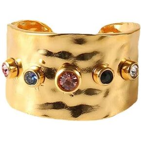 ALFAAL 18k Gold Plated Wide Rings,Zirconia Stainless Steel Adjustable Rings for Women,Fashion Jewelry Gift