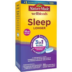 Nature Made Wellblends Sleep Longer, Melatonin 10mg, L theanine 100 mg, and GABA 100mg, Sleep Supplement, 35 Tri-Layer Tablets