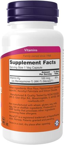 NOW Supplements, MK-7 Vitamin K-2 100 mcg, Cardiovascular Support*, Supports Bone Health*, 60 Veg Capsules in Kuwait