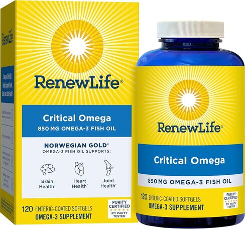 Renew Life Fish Oil, Norwegian Gold® Omega-3 Supplement — Critical Omega-3 Fish Oil Supplement, Dairy & Gluten Free, Supports Healthy Heart & Brain Function, Burp-Free - 120 Softgel Capsules in Kuwait