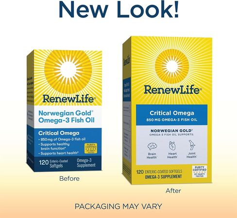Renew Life Fish Oil, Norwegian Gold® Omega-3 Supplement — Critical Omega-3 Fish Oil Supplement, Dairy & Gluten Free, Supports Healthy Heart & Brain Function, Burp-Free - 120 Softgel Capsules in Kuwait