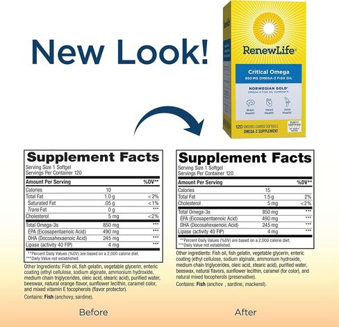 Renew Life Fish Oil, Norwegian Gold® Omega-3 Supplement — Critical Omega-3 Fish Oil Supplement, Dairy & Gluten Free, Supports Healthy Heart & Brain Function, Burp-Free - 120 Softgel Capsules in Kuwait