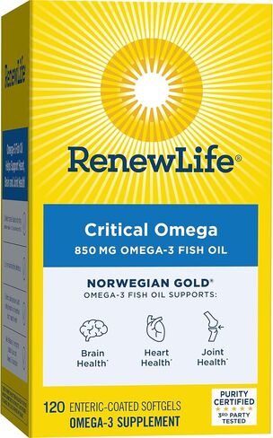 Renew Life Fish Oil, Norwegian Gold® Omega-3 Supplement — Critical Omega-3 Fish Oil Supplement, Dairy & Gluten Free, Supports Healthy Heart & Brain Function, Burp-Free - 120 Softgel Capsules in Kuwait