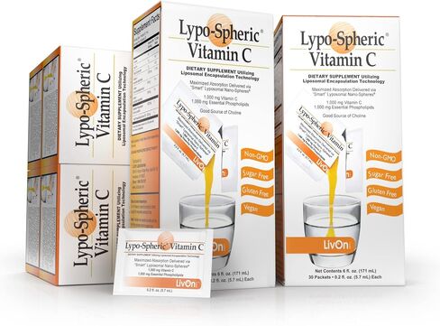 Lypo–Spheric Vitamin C – 1,000 mg Vitamin C & 1,000 mg Essential Phospholipids Per Packet – Liposome Encapsulated for Improved Absorption – 100% Non–GMO, 1 Carton, 0.2 Fl Oz (Pack of 30) in Kuwait