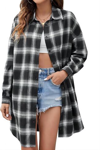 Blooming Jelly Women's Button Down Flannel Shirts Plaid Shacket Long Sleeve Collared Long Jacket Coats in Kuwait