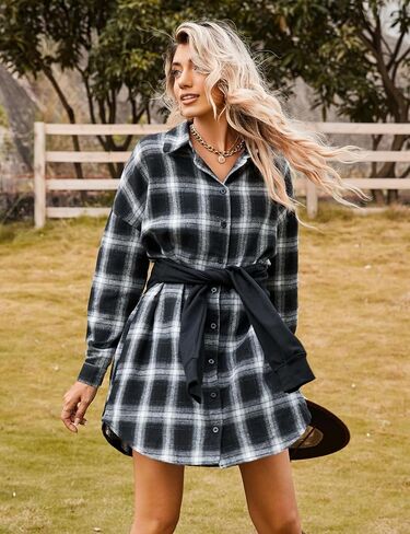 Blooming Jelly Women's Button Down Flannel Shirts Plaid Shacket Long Sleeve Collared Long Jacket Coats in Kuwait
