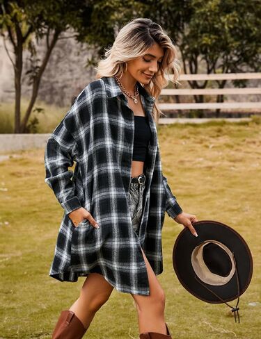 Blooming Jelly Women's Button Down Flannel Shirts Plaid Shacket Long Sleeve Collared Long Jacket Coats in Kuwait