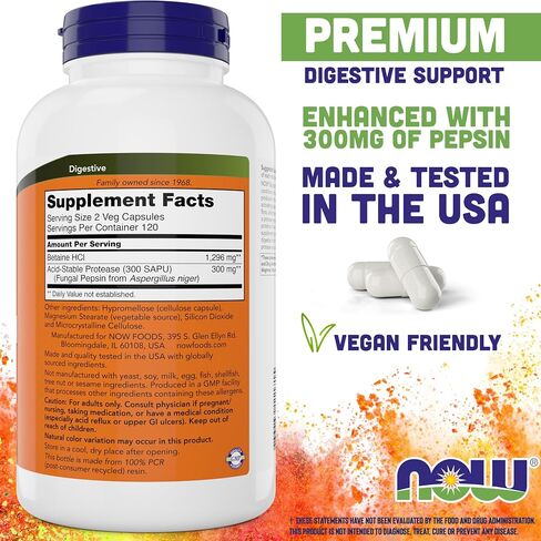 NOW Supplements, Betaine HCl 648 mg, Vegetarian Formula, Digestive Support*, 120 Veg Capsules in Kuwait