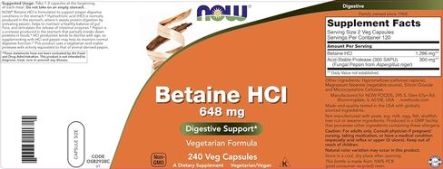 NOW Supplements, Betaine HCl 648 mg, Vegetarian Formula, Digestive Support*, 120 Veg Capsules in Kuwait