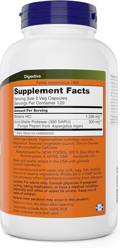NOW Supplements, Betaine HCl 648 mg, Vegetarian Formula, Digestive Support*, 120 Veg Capsules in Kuwait