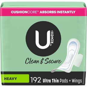 U by Kotex Clean & Secure Ultra Thin Pads with Wings, Heavy Absorbency, 192 Count (6 Packs of 32)