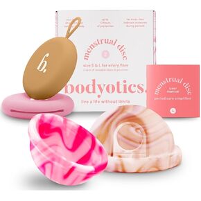 Bodyotics Menstrual Disc Reusable, 2-Pack Size S & L - Softer Than Menstrual Cups and Can Be Used Intimate Moments - Comfort-Fit Period Disc Set with 12 Hr Wear - 100% Medical Grade Silicone