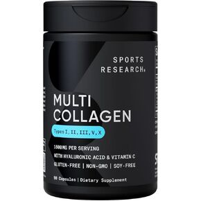 Sports Research Multi Collagen Pills (Type I, II, III, V, X) Hydrolyzed Collagen Peptides with Hyaluronic Acid + Vitamin C | Non-GMO Verified & Gluten Free - 90 Capsules