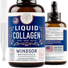 Concentrated Liquid Collagen Peptides Supplement - Hair, Skin, Nail, Joints Support - Sublingual Drops by WINDSOR BOTANICALS - 10,000mcg Collagen, 5,000mcg Biotin - Lemon Flavor - 2-Month - 2 oz