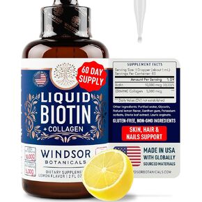 Concentrated Liquid Collagen Peptides Supplement - Hair, Skin, Nail, Joints Support - Sublingual Drops by WINDSOR BOTANICALS - 10,000mcg Collagen, 5,000mcg Biotin - Lemon Flavor - 2-Month - 2 oz