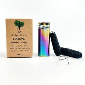Vegan Biodegradable Bamboo Charcoal Dental Floss with Refillable Stainless Steel Rainbow Container | Extra Floss Refill | Natural Candelilla Wax | 33yds x2 | Peppermint | Eco Zero Waste Oral Care