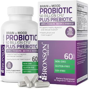 Bronson Brain + Mood Probiotic 50 Billion CFU Plus Prebiotic with L-Theanine, Bacopa and Rhodiola Non-GMO, 60 Vegetarian Capsules