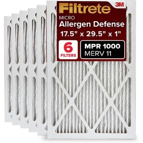 Filtrete 17.5x29.5x1 Air Filter MPR 1000 MERV 11, Allergen Defense, 6-Pack (exact dimensions 17.19x29.19x0.81)