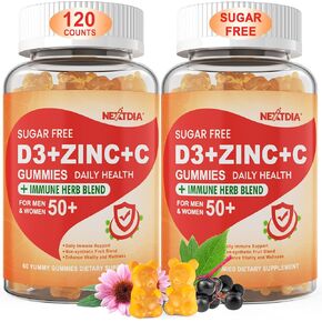 Sugar Free Immune Support Booster Gummies, Vitamin D3 2000IU, Vitamin C & Zinc, Power Antioxidant Immunity Vitamin Dietary Supplement for Men & Women, Plant-Based, 120 Vegan Gluten Free Pectin Gummies