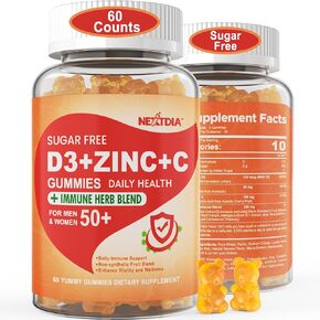 Sugar Free Immune Support Booster Gummies, Vitamin D3 2000IU, Vitamin C & Zinc, Power Antioxidant Immunity Vitamin Dietary Supplement for Men & Women, Plant-Based, 120 Vegan Gluten Free Pectin Gummies