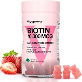 VEGEPOWER Biotin 10000mcg Hair Growth Gummies - Vegan Biotin Supplement Supports Healthy Hair, Skin and Nails, Non-GMO Hair Vitamin Gummy for Women Men Strawberry 60 Bears