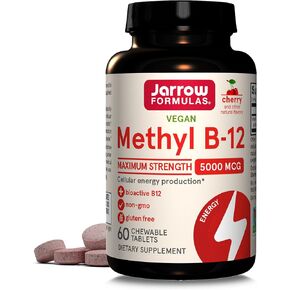 Jarrow Formulas Maximum Strength Methyl B-12 5000 mcg - Dietary Supplement - 90 Cherry Flavored Chewable Tablets - Bioactive Vitamin B-12 - Supports Cellular Energy Production, Sleep & Brain Health