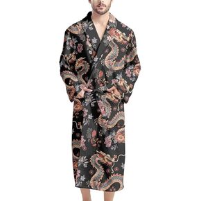GIFTPUZZ Men's Bathrobe Warm Kimono Robe with Pockets Sleepwear Lounge Robes Full Length Waist Belt Self Tie Nightgown