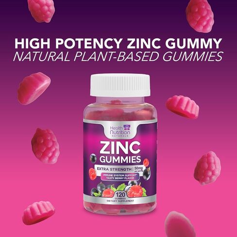 Zinc Vitamin Gummies 50mg, Max Strength Immune Support for Adults, Zinc Supplement Gummy for Beautiful Skin and Immune Health Support, Nature’s Antioxidant Supplement, Vegan, Non-GMO - 60 Gummies in Kuwait
