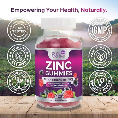 Zinc Vitamin Gummies 50mg, Max Strength Immune Support for Adults, Zinc Supplement Gummy for Beautiful Skin and Immune Health Support, Nature’s Antioxidant Supplement, Vegan, Non-GMO - 60 Gummies in Kuwait