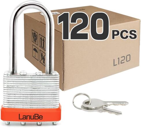 LanuBe Lock Laminated keyed Padlock (1-9/16", 40mm), keyed Alike Locks, Long Shackle,Marked Orange Plastic Hoop, Pack of 12 in Kuwait