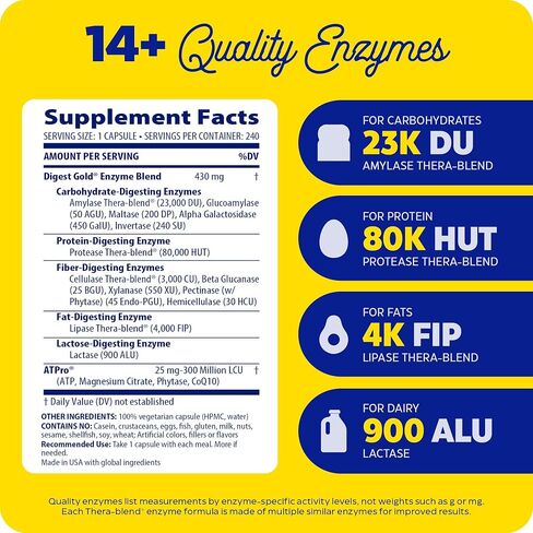 Enzymedica Digest Gold + ATPro، تركيبة إنزيمات ذات قوة قصوى، تمنع الانتفاخ والغازات، 14 إنزيمًا رئيسيًا بما في ذلك الأميليز والبروتياز والليباز واللاكتاز، 180 كبسولة (FFP) in Kuwait