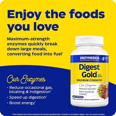Enzymedica Digest Gold + ATPro، تركيبة إنزيمات ذات قوة قصوى، تمنع الانتفاخ والغازات، 14 إنزيمًا رئيسيًا بما في ذلك الأميليز والبروتياز والليباز واللاكتاز، 180 كبسولة (FFP) in Kuwait