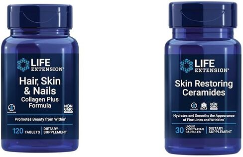 Life Extension Hair, Skin & Nails Collagen Plus Formula - Promotes Collagen & Keratin Health - with Niacin, Vitamin B6, Biotin, Calcium & Zinc - Non-GMO – 120 Count(Pack of 1) in Kuwait