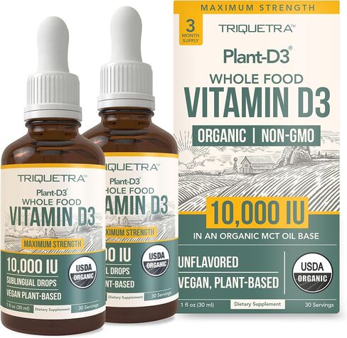 Organic Vitamin D3 10,000 IU - Plant D3, Vegan, Max Strength Sublingual Liquid D3 Drops - 200% Higher Absorption, 100% Plant-Based Cholecalciferol Form & Vegan D3, Adjustable Dosing (30 Servings) in Kuwait