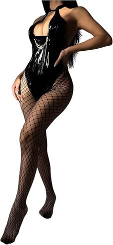 OYOANGLE Women's Faux PU Leather Cut Out Lace Up Halter Teddy Bodysuit Lingerie with Fishnet Stockings in Saudi Arabia