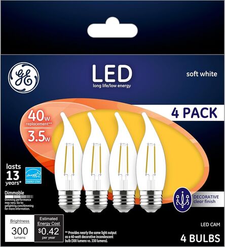 مصابيح GE LED، 40 وات Eqv، أبيض ناعم، مصابيح زخرفية شفافة، قاعدة متوسطة (4 عبوات) in Saudi Arabia