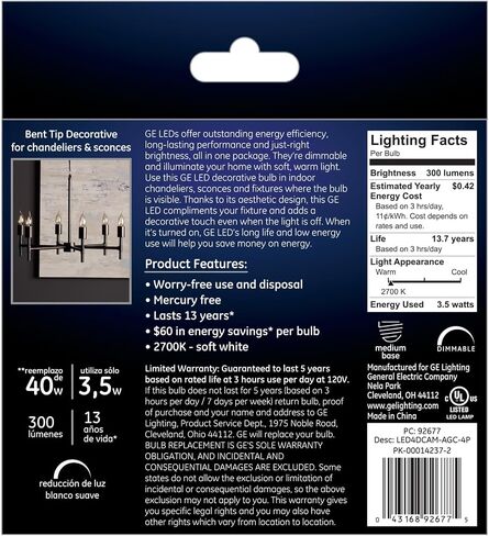 مصابيح GE LED، 40 وات Eqv، أبيض ناعم، مصابيح زخرفية شفافة، قاعدة متوسطة (4 عبوات) in Saudi Arabia