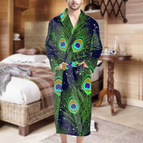 GIFTPUZZ Men's Bathrobe Warm Kimono Robe with Pockets Sleepwear Lounge Robes Full Length Waist Belt Self Tie Nightgown in Kuwait