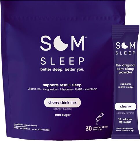 Som Sleep، مزيج مشروب مسحوق النوم المريح مع الميلاتونين والمغنيسيوم وفيتامين B6 وL-الثيانين وGABA - نباتي، خالي من السكر، صديق للكيتو - الكرز، 10 عبوات in Kuwait